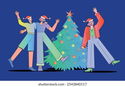 Flat vector illustration of three characters celebrating Christmas. They are wearing Santa hats and festive clothing. Decorated Christmas tree. Isolated on a dark blue background.