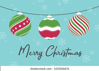 Flat vector illustration of three Christmas ornaments hanging on clothesline rope with snow and Merry Christmas text on day background. Each pattern has lines, dots and stars in red, green and white.
