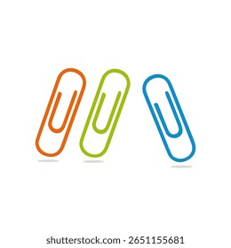 Flat vector illustration of three colorful paper clips in orange, green, and blue, arranged diagonally with soft shadows. Minimalist office supply concept on white background.


