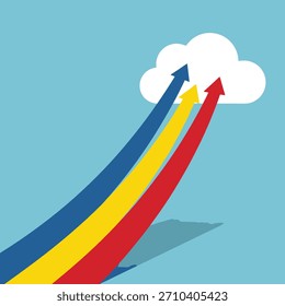 Ilustración vectorial plana de tres coloridas flechas hacia arriba que alcanzan una nube blanca, que representa el crecimiento y el éxito, aislado sobre fondo blanco.