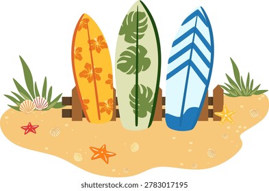 flat vector illustration of three colorful surfboards leaning against a wooden fence on a sandy beach. features tropical designs with hibiscus flowers and monstera leaves, decorated with starfish and seashells. perfect for summer vacation and surfing travel concepts