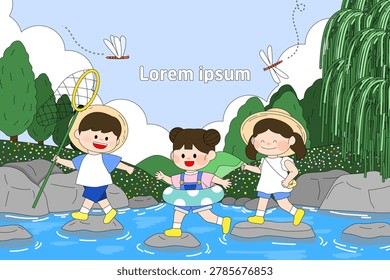 Flat vector illustration of three cute children crossing a stream on stepping stones with an insect net and a tube during summer vacation in nature.