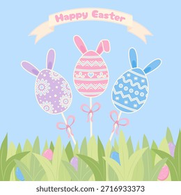 Flat vector illustration of three decorated Easter eggs with bunny ears and pink bows. The eggs are set in fresh green grass under a clear blue sky. A light cream ribbon banner with "Happy Easter" text is arched at the top.