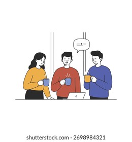 Uma ilustração vetorial plana de três colegas diversos desfrutando de uma pausa de café juntos. A cena apresenta dois homens e uma mulher em pé ao redor de uma mesa com um laptop. Cada pessoa está segurando uma caneca