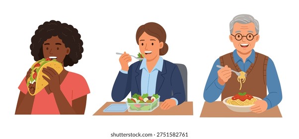Flat vector illustration of three diverse people eating: a woman eating a large taco, a businesswoman enjoying a healthy salad from a lunchbox, and an elderly man eating a bowl of spaghetti with a fork. Isolated on a white background