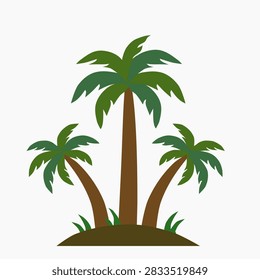 A flat vector illustration of three green palm trees of varying sizes with brown trunks and grass tufts, growing on a small dark island mound. Ideal for tropical branding, travel and resort marketing, beach-themed packaging, summer campaigns, and vacation or island-themed logo design.