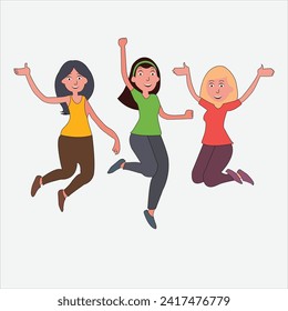 Flat Vector Illustration of Three Happy Girl Celebrating Their Success and Jumping On the air
