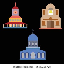 Flat vector illustration of three iconic architectural structures, including a mosque, a church, and a clock tower. Perfect for historical, cultural, and urban design projects.