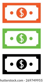 Flat vector illustration of three money bill icons in orange, green, and black colors with dollar signs in the center, minimalist cash design symbolizing finance, wealth, income, banking, and economy 