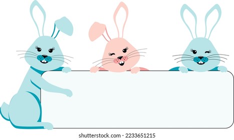 Flat vector illustration of three rabbits with a blank sign where you can place your text.