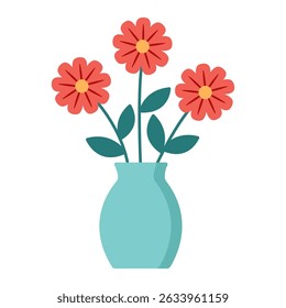 Flat vector illustration of three red flowers with green leaves arranged in a turquoise vase. Bright, cheerful and minimal floral design isolated on white background.