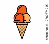 A flat vector illustration of a three scoop ice cream cone with vibrant orange and peach colors on a plain white background.