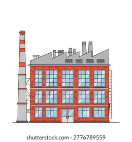 A flat vector illustration of a three story red brick factory building featuring large windows a prominent tall smokestack and a sawtooth roof design on a white background