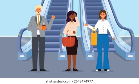 Ilustração vetorial plana de três pessoas — homem de negócios e duas mulheres — em frente a escadas rolantes em um espaço público moderno. Adequado para compras, viagens ou cenários de negócios.