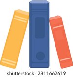 Flat vector illustration of three vertical hardcover books in yellow, blue and orange, perfect for library icon, book collection and education design.