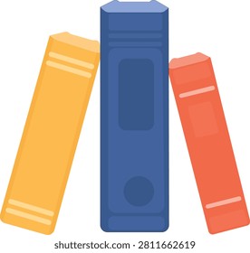 Flat vector illustration of three vertical hardcover books in yellow, blue and orange, perfect for library icon, book collection and education design.