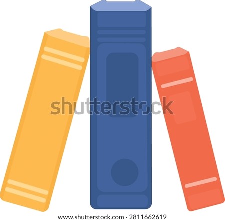 Flat vector illustration of three vertical hardcover books in yellow, blue and orange, perfect for library icon, book collection and education design.