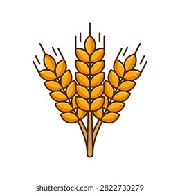 A flat vector illustration of three wheat stalks with golden grains arranged in a symmetrical fan shape isolated on a plain white background