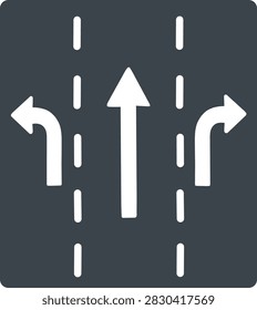 Flat vector illustration of three white road direction arrows indicating left turn, straight ahead, and right turn, with dashed lane markings on a dark roadway.