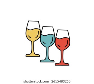 A flat vector illustration of three wine glasses with different colorful drinks. Ideal for celebration themes, party invitations, or festive design elements.