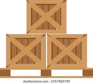 Flat vector illustration of three wooden crates arranged on a pallet. Represents organized warehouse storage, shipping preparation, and cargo management.