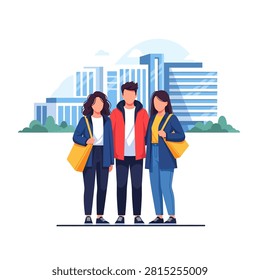 A flat vector illustration of three young adults, two women and one man, standing together in front of a modern cityscape. The characters are dressed in casual jackets and pants, with the women carrying yellow tote bags. The background features stylized blue skyscrapers and green bushes under a clear sky, representing urban life, friendship, and community.
