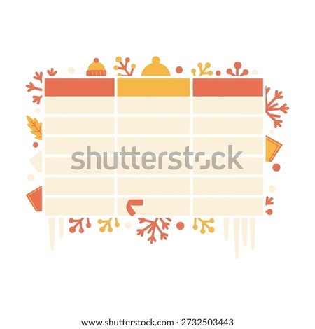 A flat vector illustration of a three-column, seven-row table with warm autumnal and winter colors. Muted terracotta and golden headers sit above cream-colored cells, framed by minimalist seasonal icons like beanies, snowflakes, bare branches, and leaves. Soft earthy tones and clean lines create a modern, friendly, and decorative design suitable for planners, schedules, and educational or seasonal materials.