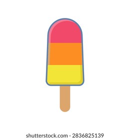 A flat vector illustration of a three-layered popsicle featuring pink orange and yellow sections on a small wooden stick