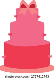 Una Ilustración vectorial plana de un pastel rosa de tres niveles decorado con corazones y un lazo, que simboliza el amor, la celebración y las ocasiones románticas.