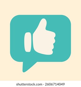 Flat vector illustration of thumbs up symbol inside a chat bubble for online communication use.
