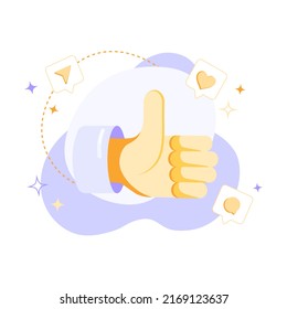 Ilustración vectorial plana de los pulgares hacia arriba. como un icono o un símbolo en un fondo abstracto. Para los medios sociales y SMM, sitio web, aplicación, banner, volante, negocios y publicidad.