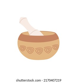 Ilustración vectorial plana de un tazón tibetano de canto o curación con un palo resonante de madera sobre un fondo blanco.