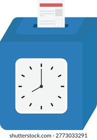 Flat vector illustration of a time clock machine with a paper timesheet inserted on top, symbolizing employee attendance tracking, work hours recording, and payroll management.