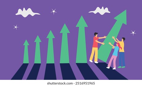 Flat vector illustration of tiny characters holding a huge arrow together, symbolizing growth, teamwork, and support. Perfect for concepts of coworking, achievement, and collaboration in banner, websi