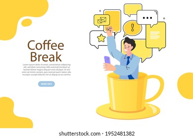 flat vector illustration. Tiny man relaxing, talking and drinking coffee. dialog speech bubbles with icons and cup of coffee.