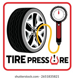 Flat vector illustration of a tire with a pressure gauge and warning icon. Ideal for automotive safety, maintenance, and vehicle care content.