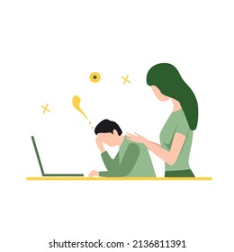 Flat Vector Illustration Tired Busy Exhausted Pupil husband working Online in Laptop.Wife Support. Depressed Husband.Wife Protect Husband,Work from home .No energy.Fatigue,Weakness.Burnout