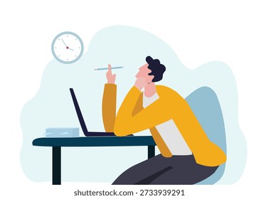 Flat vector illustration of a tired man at his desk, staring at a clock, representing burnout, deadline pressure, overwork, and mental fatigue in modern work life.