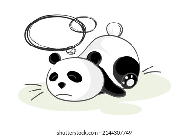 Flat vector illustration with tired panda lying on the grass with closed eyes and sad face. Emotional burnout. Character with speech bubble to illustrate his thoughts. Procrastination banner mockup.