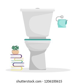 Flat vector illustration. Toilet with a roll of toilet paper on the wall. Stack of books. An isolated figure.