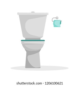 Flat vector illustration. Toilet with a roll of toilet paper on the wall. An isolated figure.