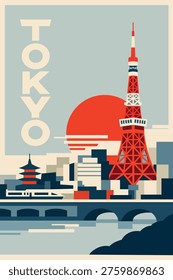 Flat vector illustration of a Tokyo travel poster featuring Tokyo Tower, a red sun, a pagoda, and city skyline in a minimalist geometric style.