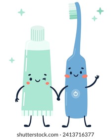 Flat vector illustration. Toothpaste with smiling face, toothpaste holds hands with an electric toothbrush. Child style, white background 