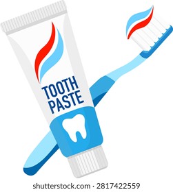 Flat vector illustration of toothpaste tube and toothbrush with clean dental care icon style