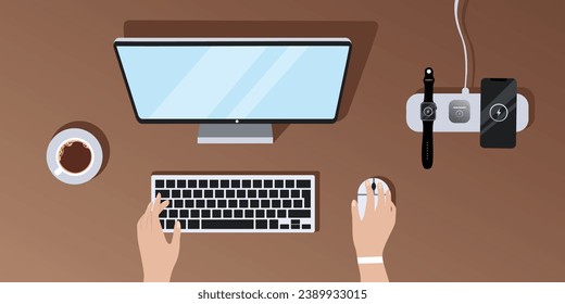Flat vector illustration of a top view of a desktop, a girl working at a computer, a phone next to her, a watch, headphones charging on a wireless charger, a cup of coffee