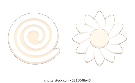 Flat vector illustration of top views of a spiral whipped cream roll and a star-shaped cream dollop on a white background.
