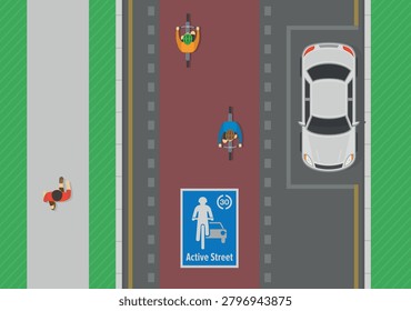 A flat vector illustration from a top-down view showing an Active Street. Two cyclists ride down a wide red bike lane with a 30 kmh speed limit sign, a pedestrian walks on the left sidewalk, and a white car is parked in a bay on the right.