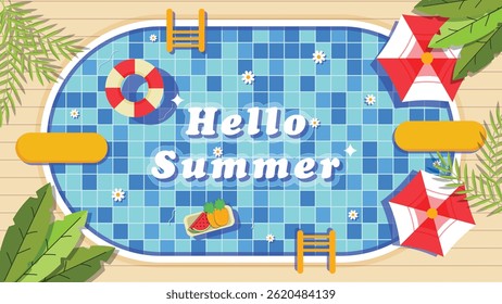 Flat vector illustration of a top-view swimming pool surrounded by summer elements. Ideal as a background for holiday content, travel ads, or digital seasonal campaigns.