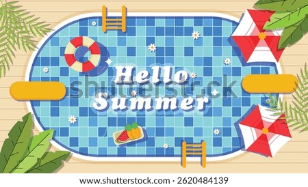 Flat vector illustration of a top-view swimming pool surrounded by summer elements. Ideal as a background for holiday content, travel ads, or digital seasonal campaigns.
