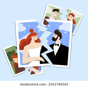 Flat vector illustration of torn photographs depicting couple, symbolizing breakup or separation. Photos in background represent memories and emotional moments. Concept of loss and relationships